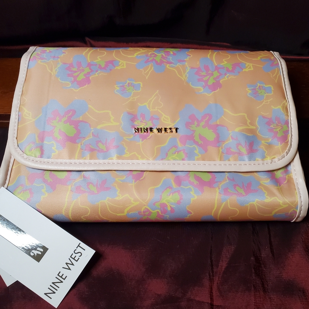 Nine West Orange and Purple Cosmetic Bag Floral Design